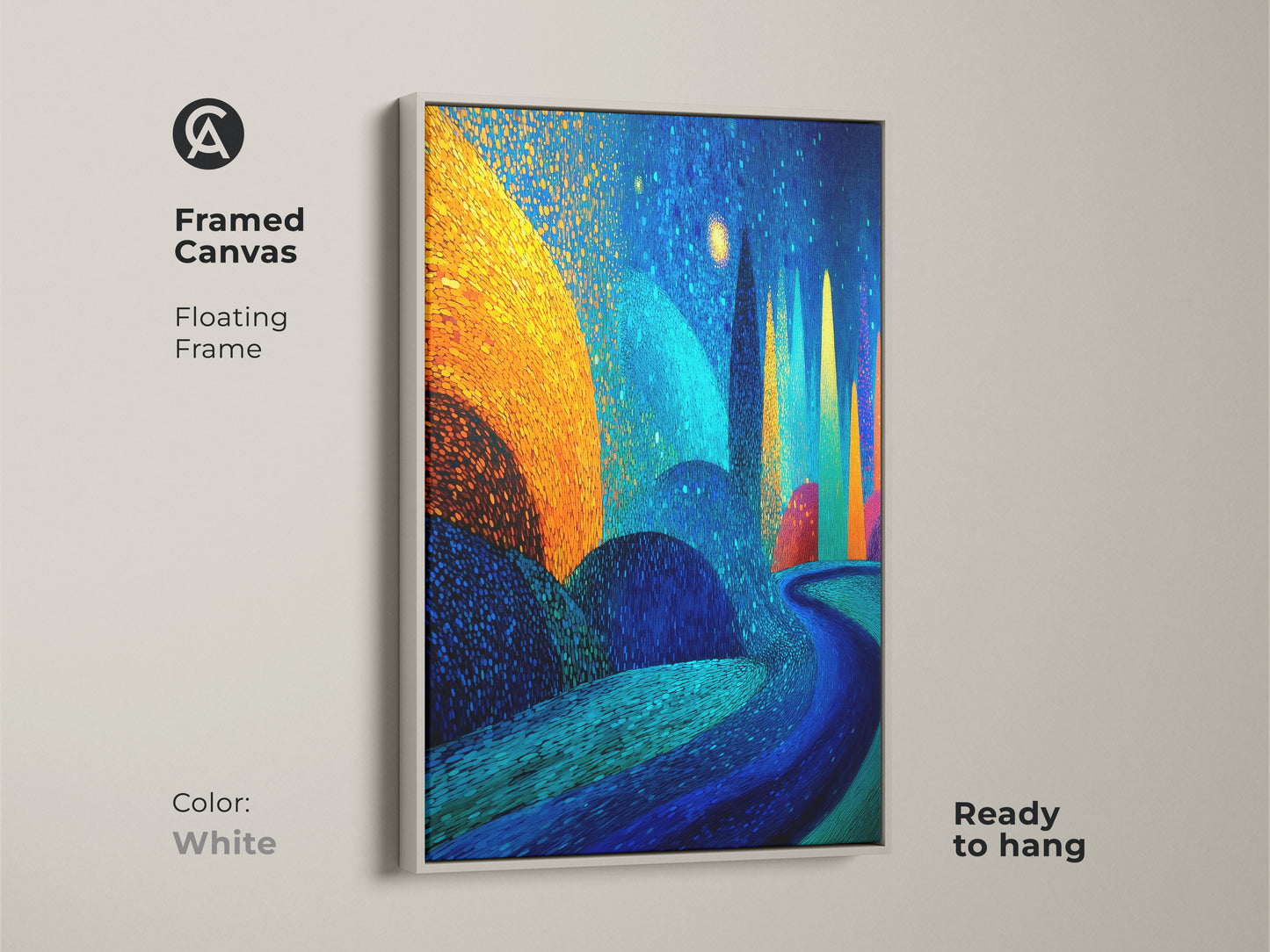 White framed canvas featuring a golden yellow and deep blue abstract art. A floating frame enhances the eclectic bedroom decor. Ready to hang it is a unique art for home office or living room.