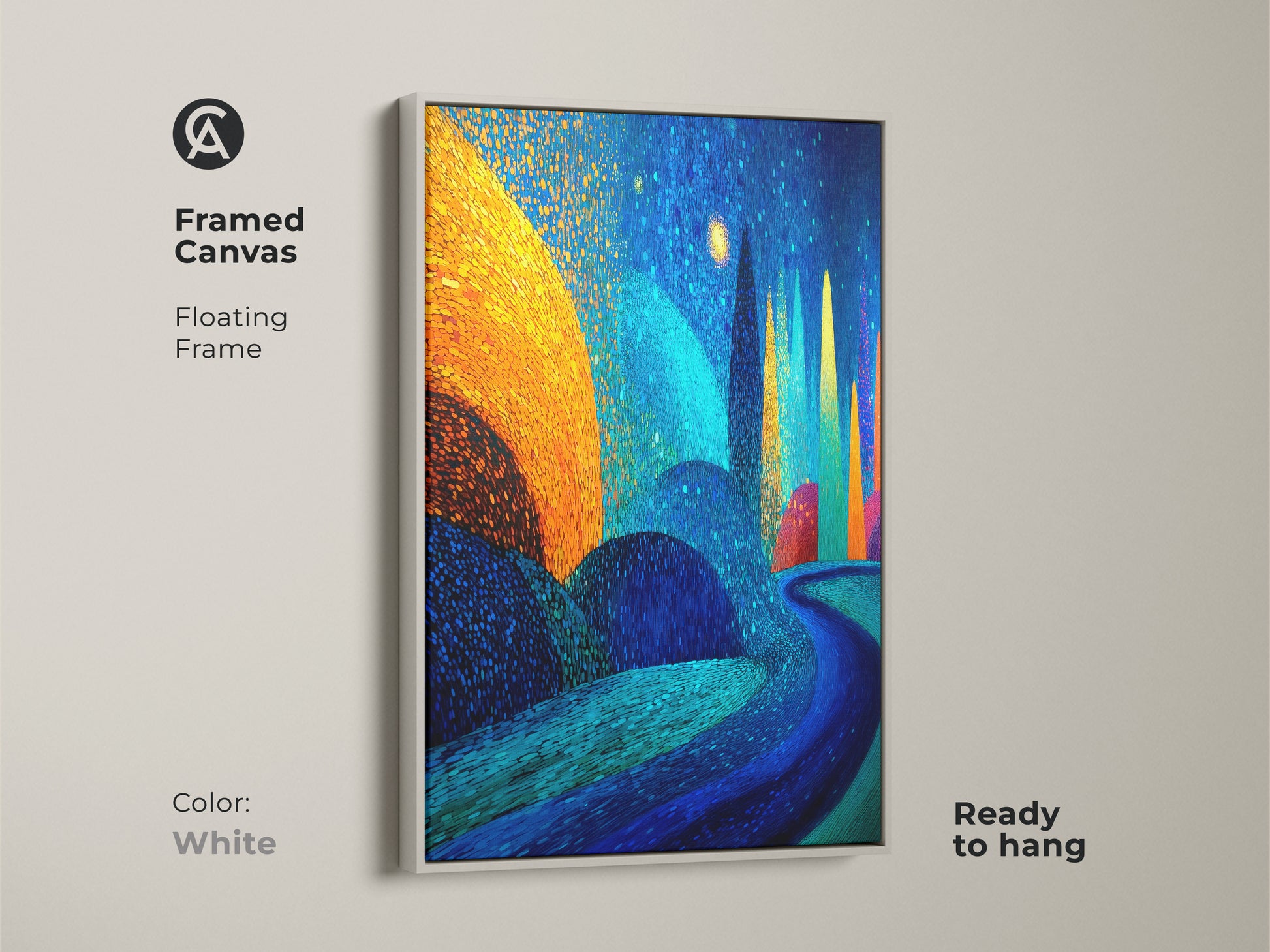 White framed canvas featuring a golden yellow and deep blue abstract art. A floating frame enhances the eclectic bedroom decor. Ready to hang it is a unique art for home office or living room.