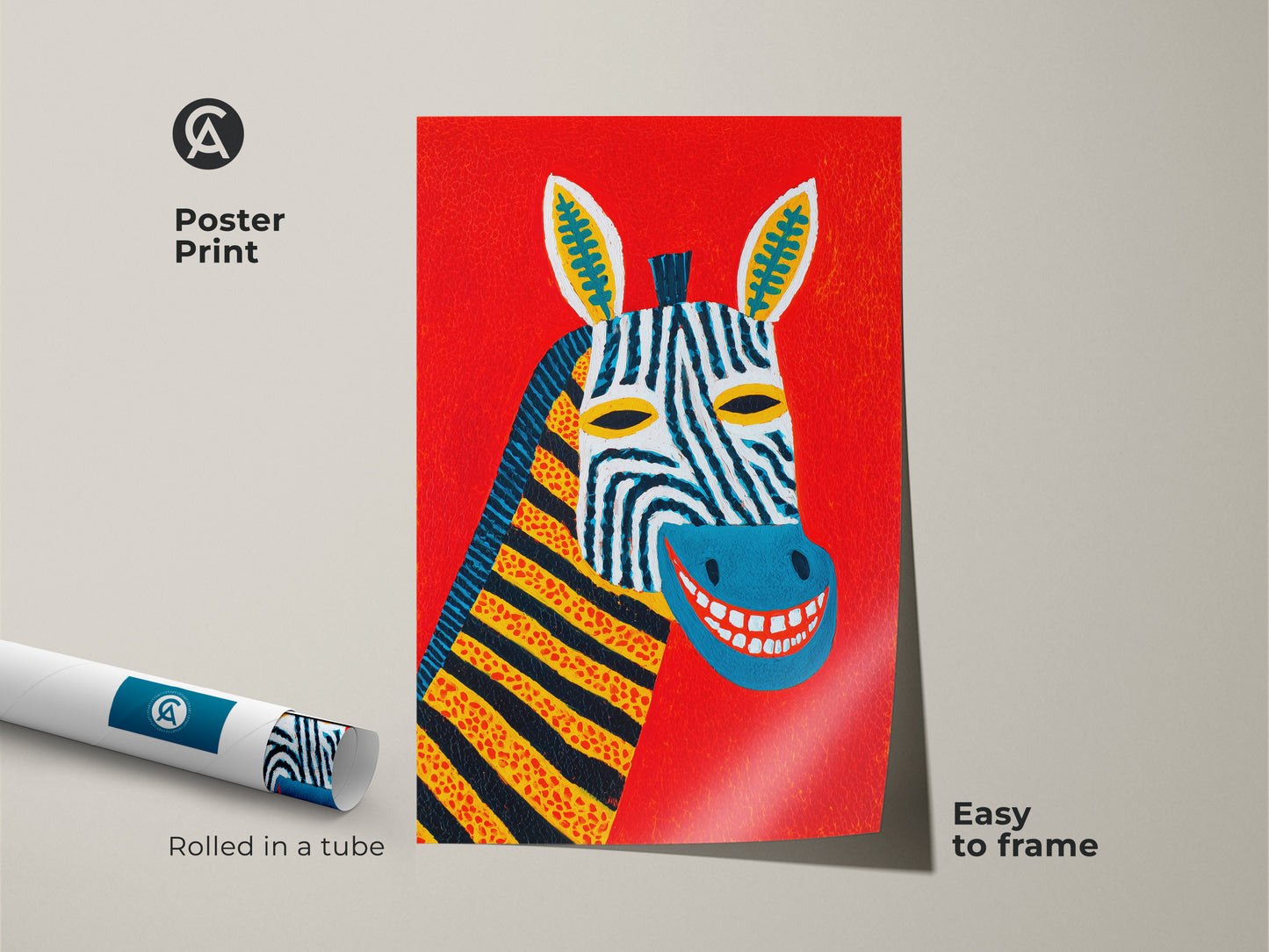Poster print of a folk art zebra artwork. It's an abstract animal print rolled in a tube ready to frame. The eclectic red background makes it a great bedroom decor piece. This colorful wildlife poster is easy to hang.