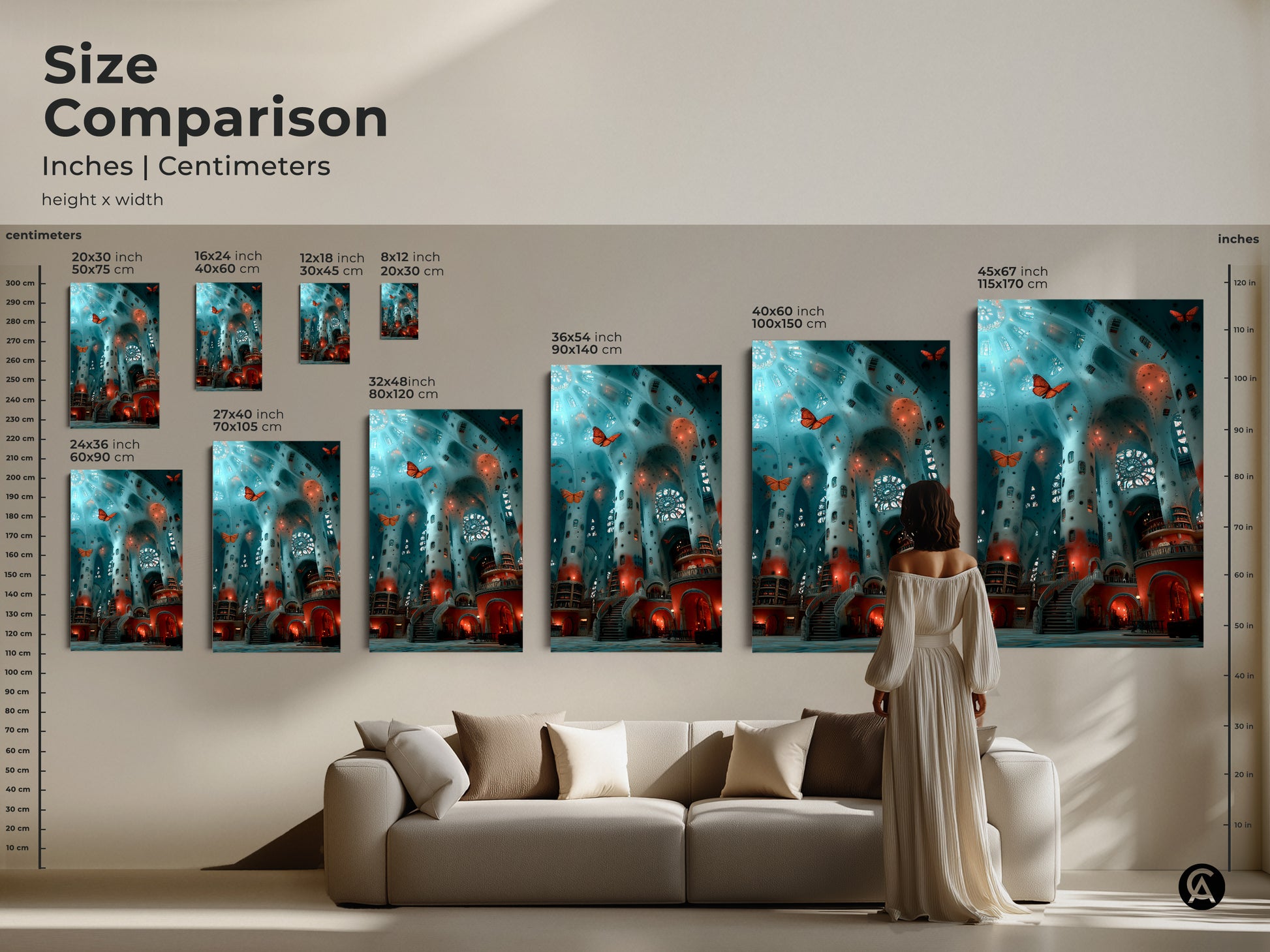 Find the perfect size of surreal architecture canvas art. Compare different sizes with a model to envision it in your space. From smaller prints to large canvases the teal blue and red butterfly art print is stunning. Add a touch of fantasy to any room