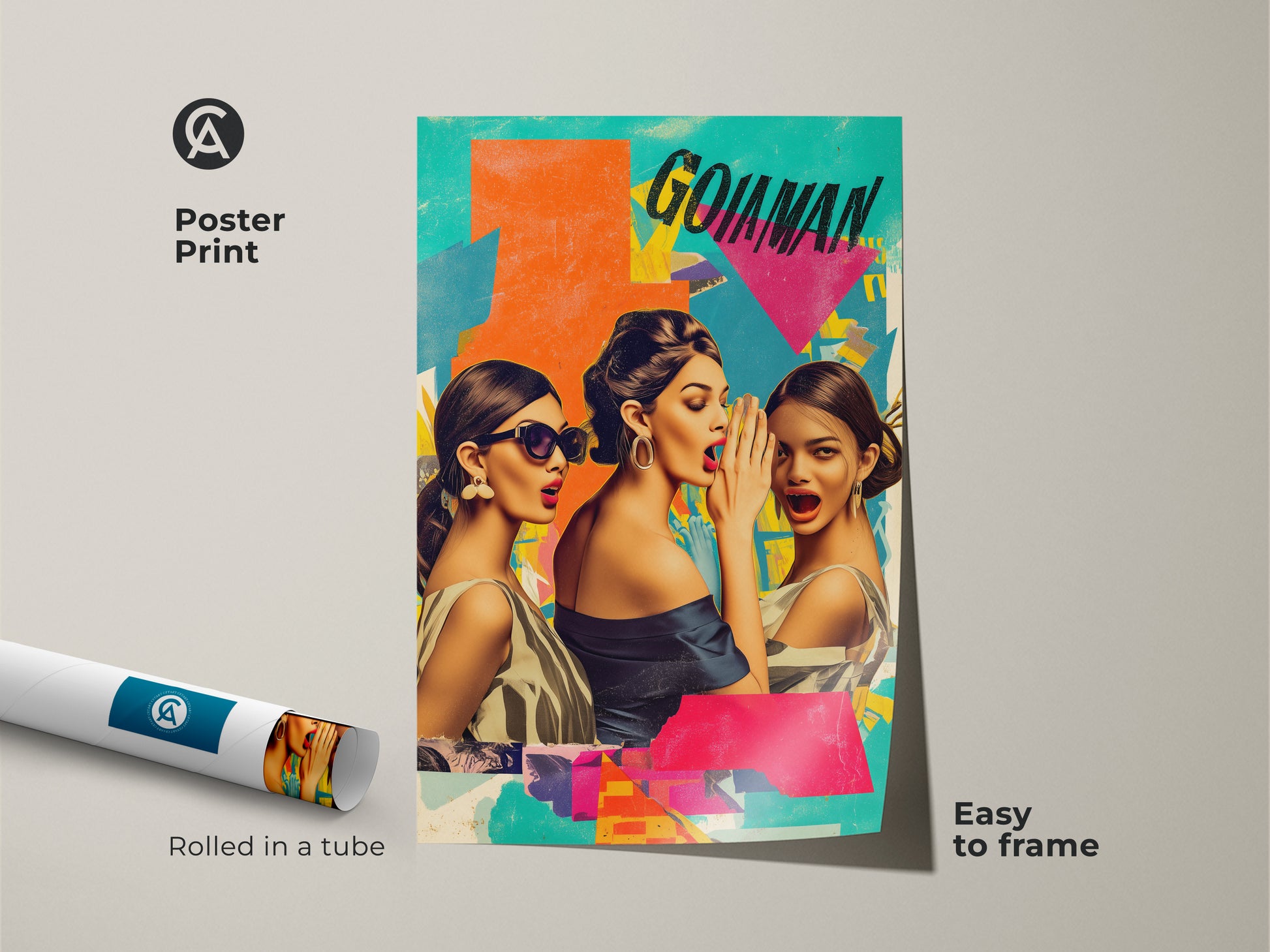 Poster print of a retro collage art. The artwork features women gossiping in a pop art style. This eclectic home decor is easy to frame. Perfect for adding color to any apartment wall.