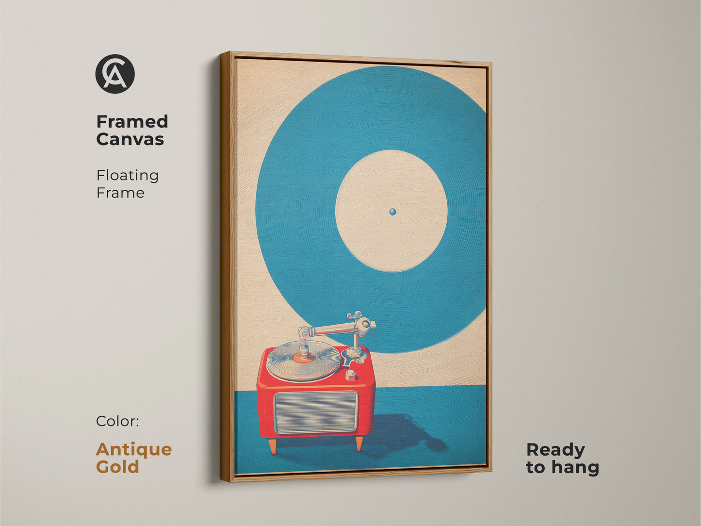 Framed canvas with a floating frame showcasing mid-century modern turntable art. Antique gold frame highlights the teal and red music wall art. Vintage record player poster is ready to hang. Pop art record collector gift for a bachelor pad. Unique wall art.