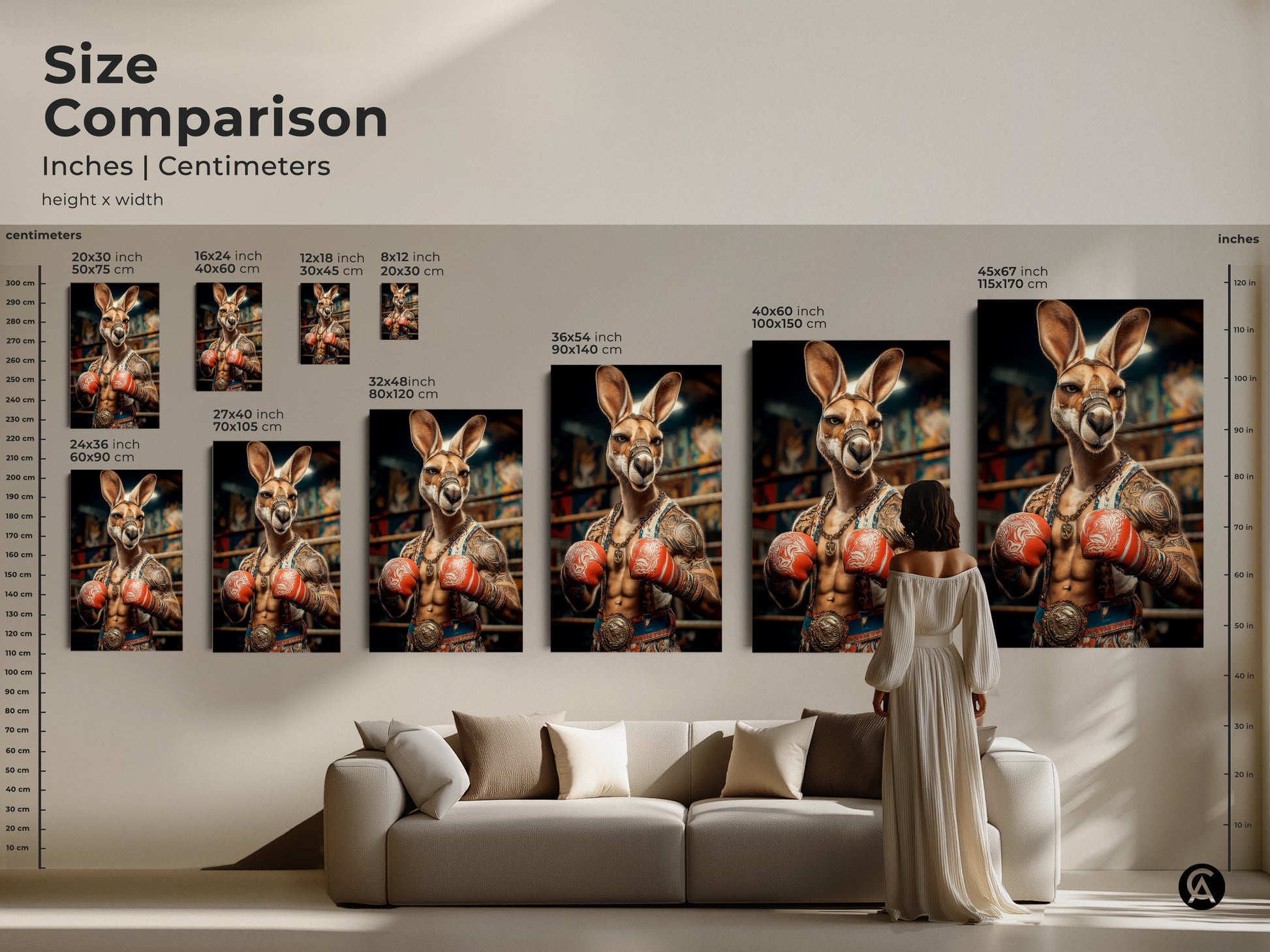 Size comparison of the kangaroo boxer art print showcasing various dimensions. See how the art fits above a couch. The tattoo art style stands out in any room. Eclectic animal decor for unique home or office spaces.