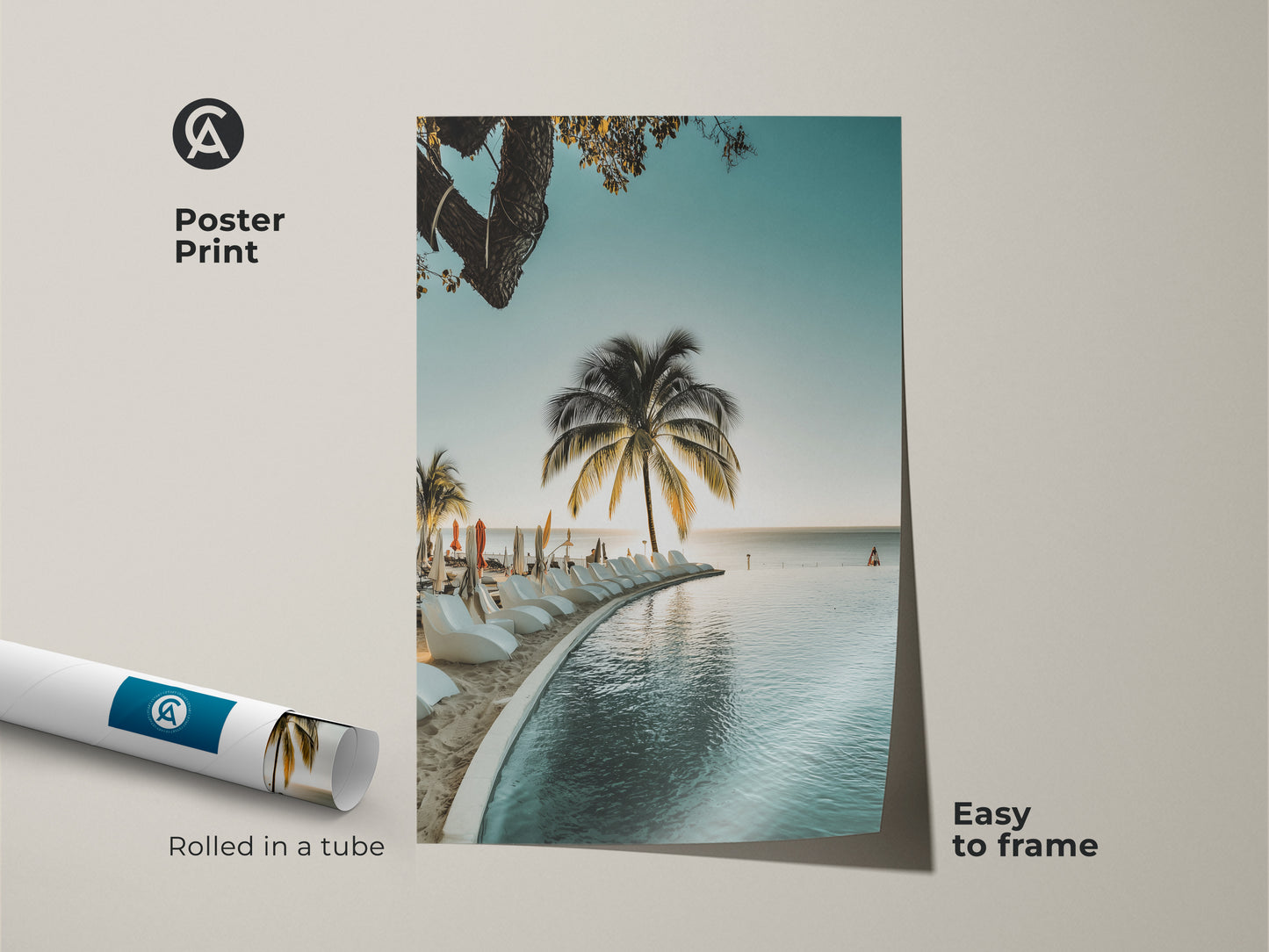 Poster print of tropical beach wall art. The palm tree ocean view decor brings vacation paradise to your home. This coastal artwork captures relaxed summer vibes with aqua blue tones. Easy to frame and hang.