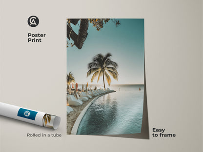 Poster print of tropical beach wall art. The palm tree ocean view decor brings vacation paradise to your home. This coastal artwork captures relaxed summer vibes with aqua blue tones. Easy to frame and hang.