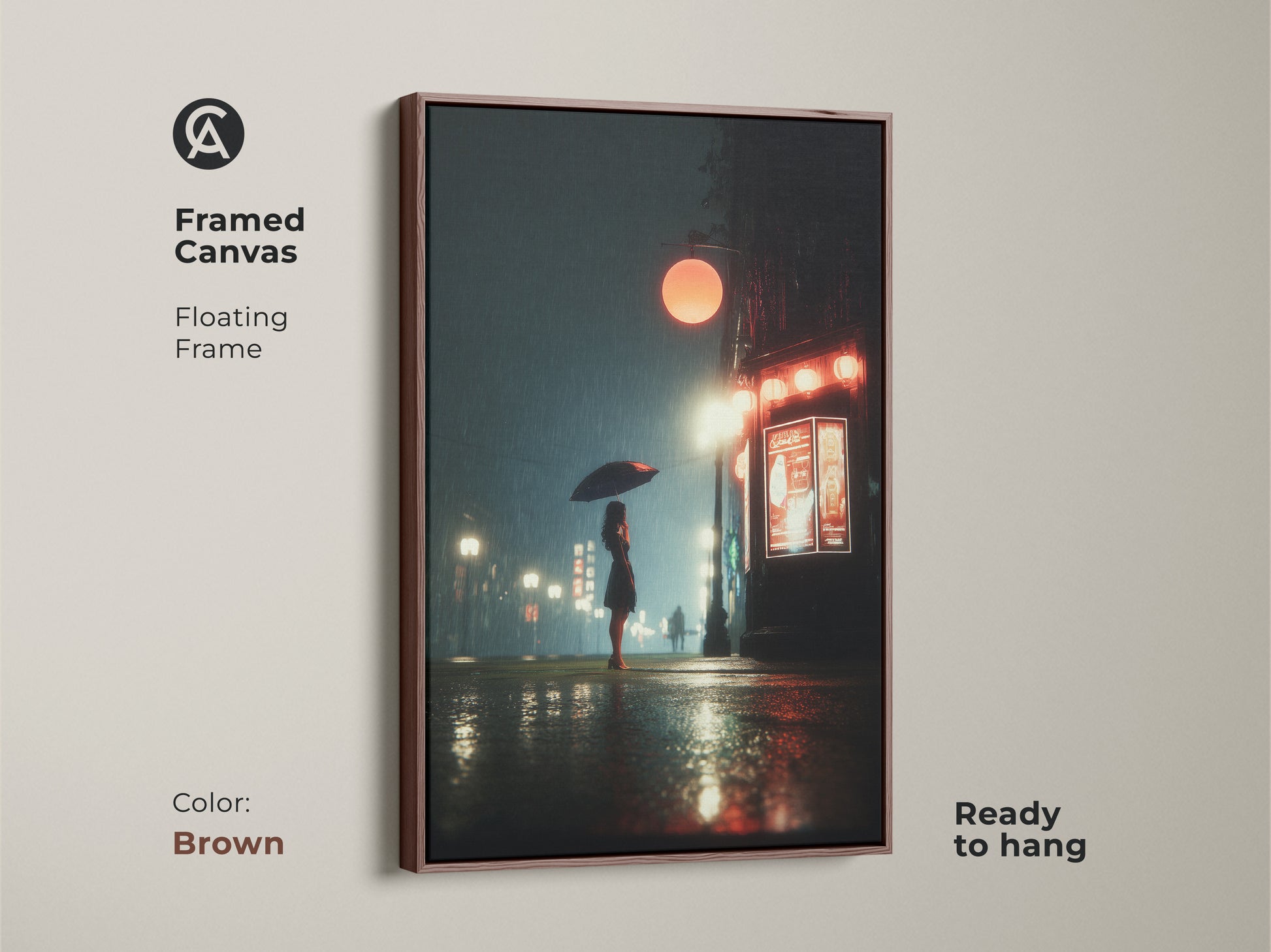 Framed canvas art with a brown floating frame. This piece features a woman with an umbrella on a rainy night. The deep blue and orange tones create a cinematic feel. Perfect for adding an artistic touch to your home. Ready to hang.