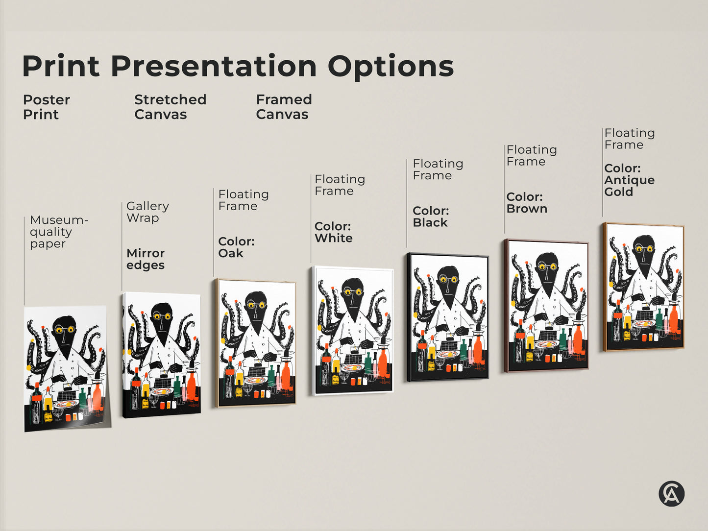 Print presentation options for an octopus chef art. See poster stretched and framed canvas. Choose black brown oak antique gold or white floating frame. Find museum-quality eclectic artwork.