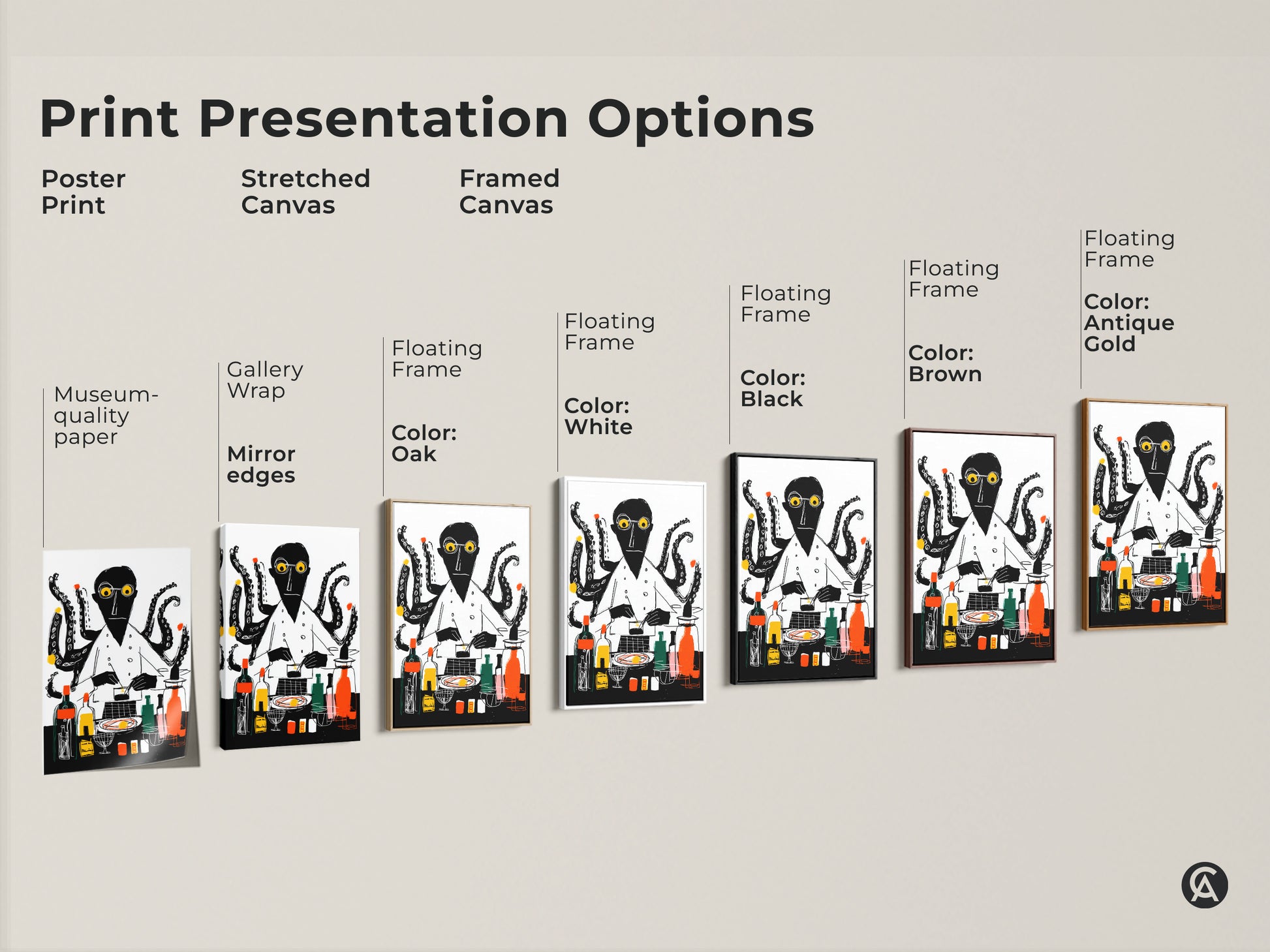 Print presentation options for an octopus chef art. See poster stretched and framed canvas. Choose black brown oak antique gold or white floating frame. Find museum-quality eclectic artwork.