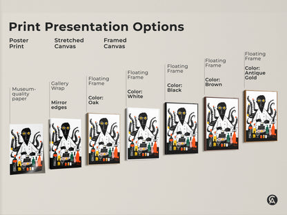 Print presentation options for an octopus chef art. See poster stretched and framed canvas. Choose black brown oak antique gold or white floating frame. Find museum-quality eclectic artwork.