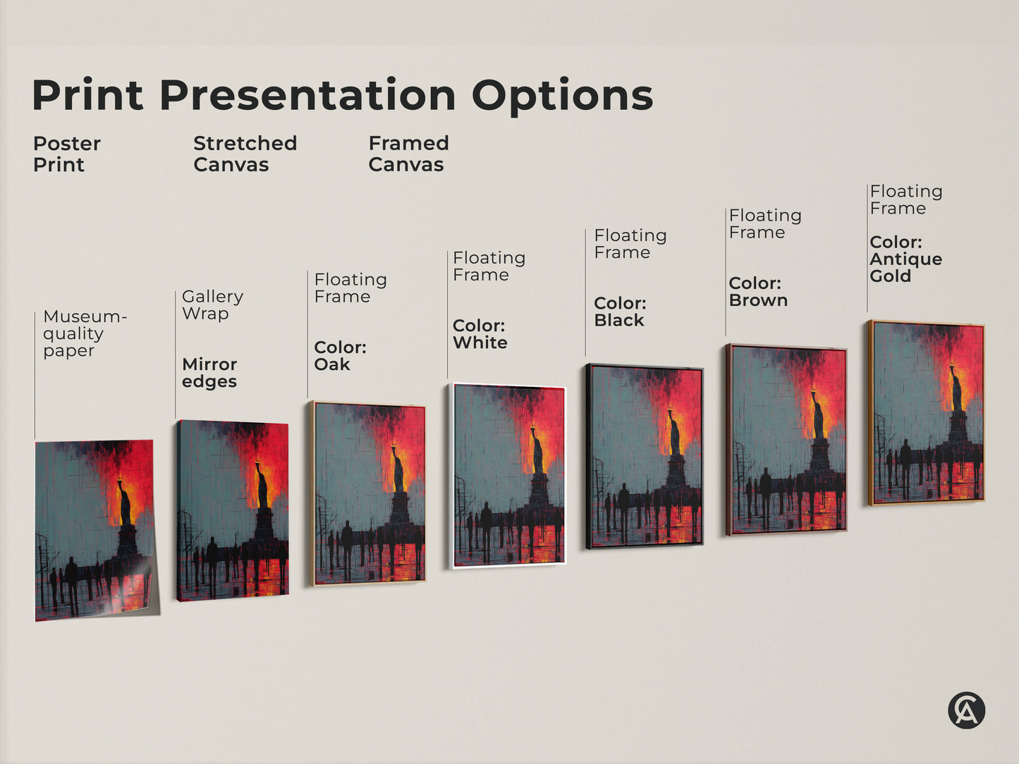 Print presentation options for Statue of Liberty artwork. Options include poster print stretched canvas and framed canvas. Frame colors include white black oak brown and antique gold.