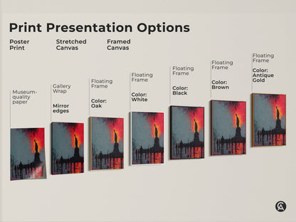 Print presentation options for Statue of Liberty artwork. Options include poster print stretched canvas and framed canvas. Frame colors include white black oak brown and antique gold.