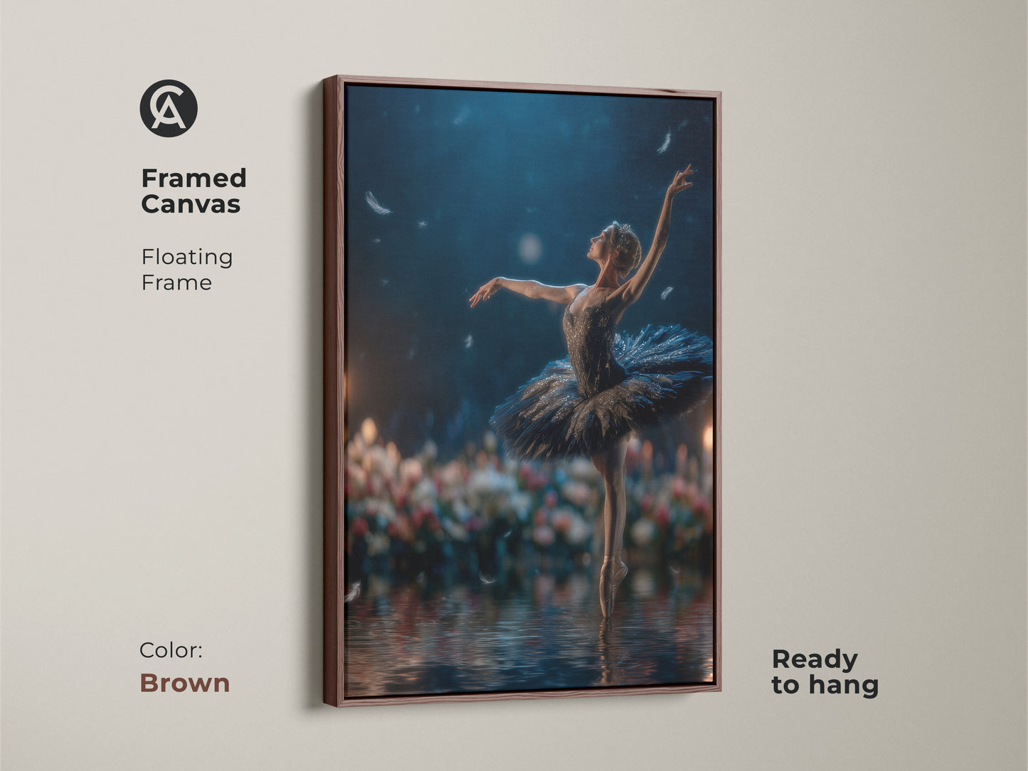 Framed canvas artwork with a brown floating frame. A graceful ballerina dances on water in this stunning piece. Ready to hang this artwork brings sophistication. The brown frame complements the artwork's warm tones. A great choice for classic and contemporary spaces.