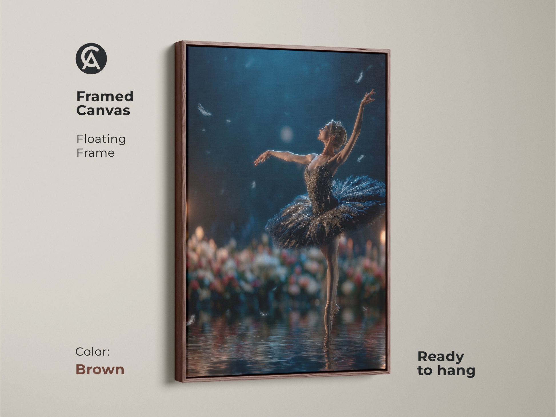 Framed canvas artwork with a brown floating frame. A graceful ballerina dances on water in this stunning piece. Ready to hang this artwork brings sophistication. The brown frame complements the artwork's warm tones. A great choice for classic and contemporary spaces.