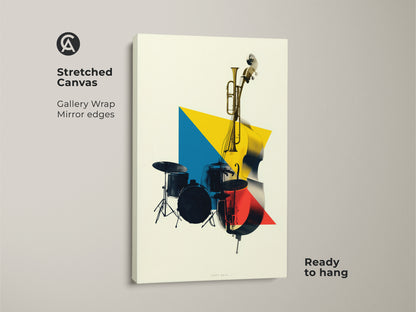 Stretched canvas gallery wrap featuring abstract geometric music art. The double bass and trumpet artwork has mirror edges adding depth. Ready to hang modern yellow blue and red music artwork.