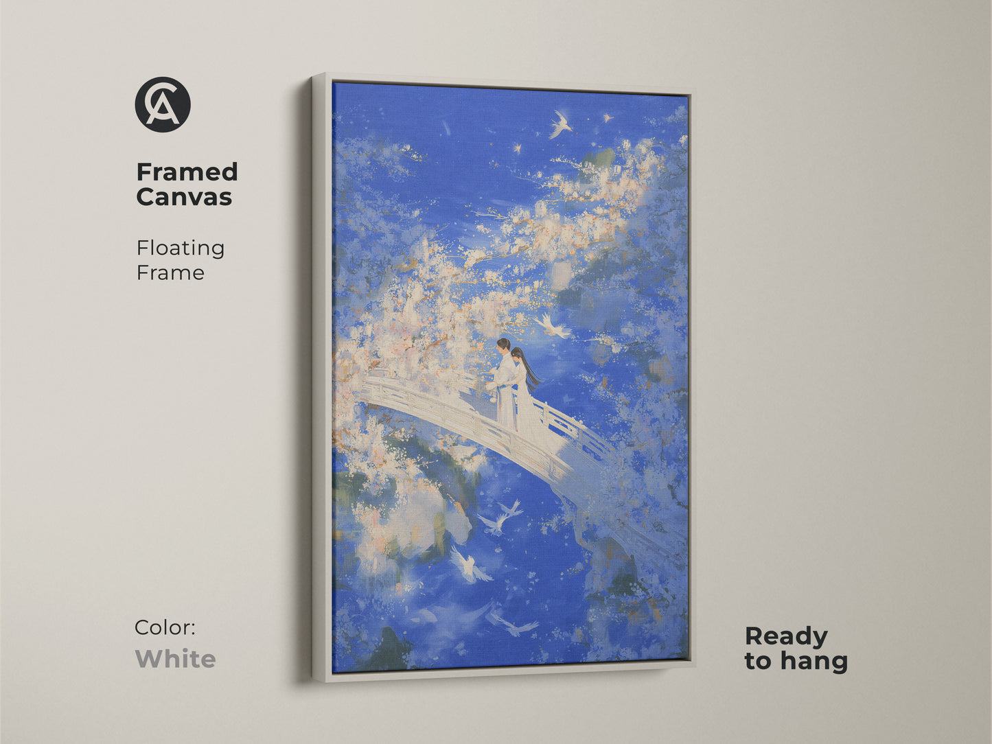 Print presentation options for couple on bridge wall art. Choose poster print stretched canvas or framed canvas. Floating frame options are oak white black brown or antique gold.