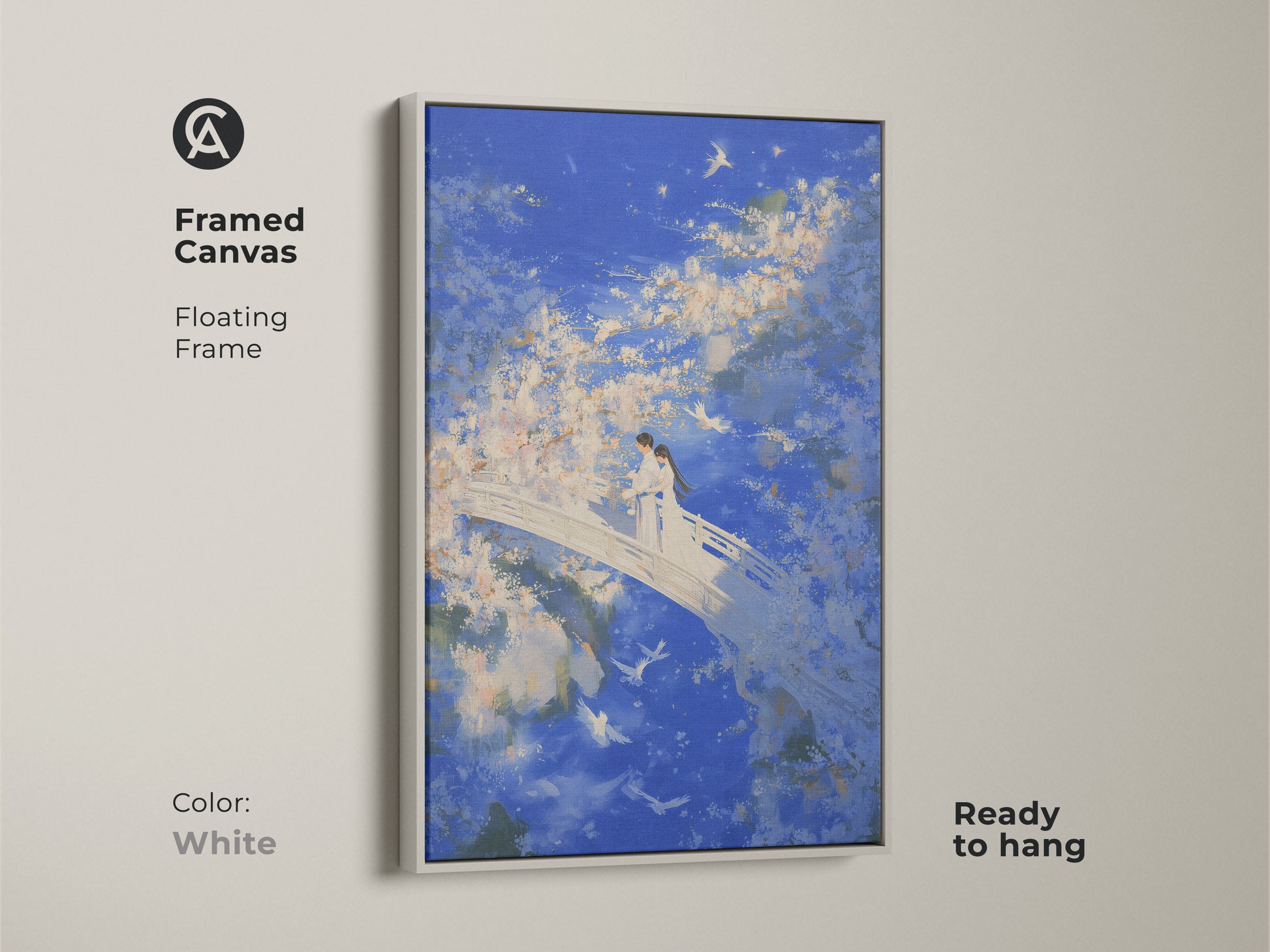 Print presentation options for couple on bridge wall art. Choose poster print stretched canvas or framed canvas. Floating frame options are oak white black brown or antique gold.
