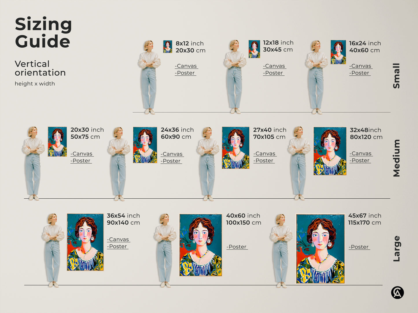 Sizing guide for the woman's portrait artwork. Available in vertical orientations. Options include canvas and poster prints. Sizes range from small to large. Find the perfect fit for your space. Transform your home with this stunning piece.