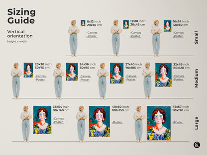 Sizing guide for the woman's portrait artwork. Available in vertical orientations. Options include canvas and poster prints. Sizes range from small to large. Find the perfect fit for your space. Transform your home with this stunning piece.
