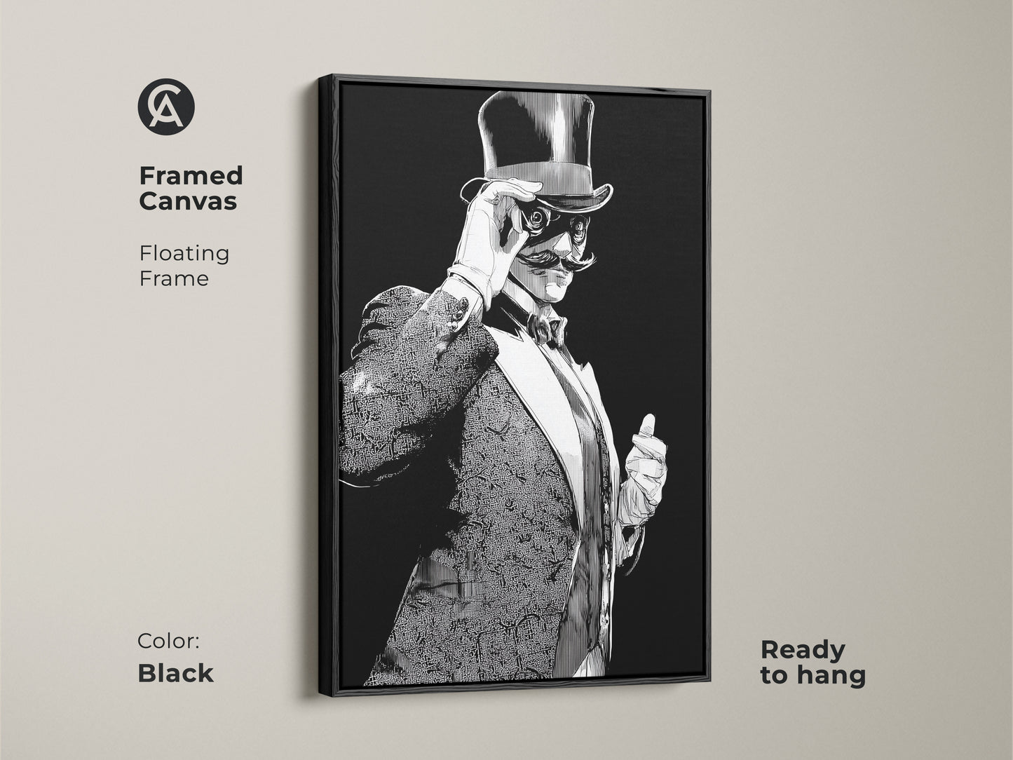 Black framed canvas showcases an art deco gentleman print. The vintage man with a top hat is illustrated in black and white ink. Ready to hang it adds a touch of sophistication to any space.