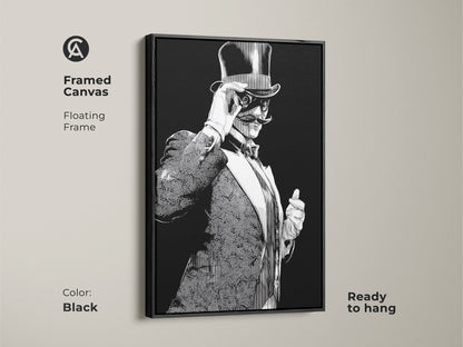 Black framed canvas showcases an art deco gentleman print. The vintage man with a top hat is illustrated in black and white ink. Ready to hang it adds a touch of sophistication to any space.
