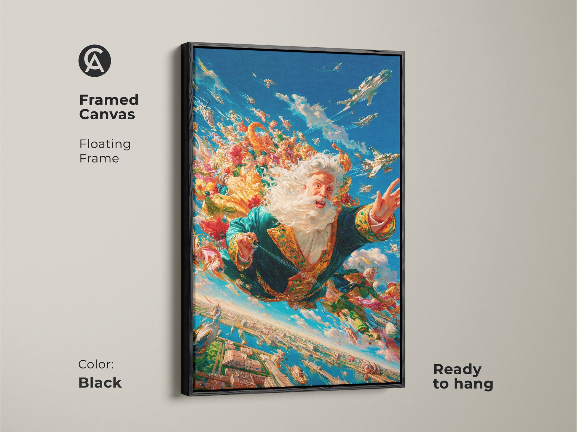 Framed canvas art featuring Santa Claus skydiving. The artwork shows Santa flying above a cityscape with airplanes. Colorful flowers surround him. The floating frame is black and the canvas is ready to hang for home decor.