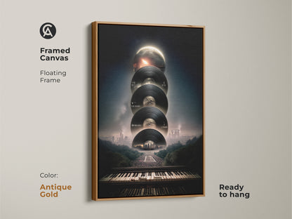 Framed Canvas: Surreal music artwork with a floating antique gold frame ready to hang. This artwork features a vinyl record and piano keyboard cityscape print. It makes a perfect dj wall art for creative office spaces looking for abstract music wall.