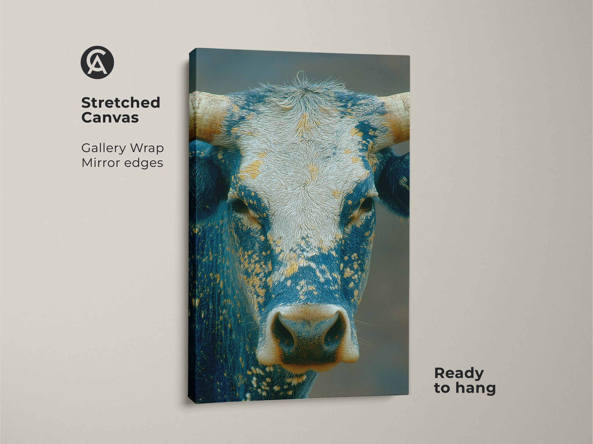 Stretched canvas art featuring a majestic bull. This gallery-wrapped print showcases a detailed blue and white bull with striking horns. Ready to hang this piece brings rustic elegance to your home decor. Ideal for adding a touch of nature to your space.