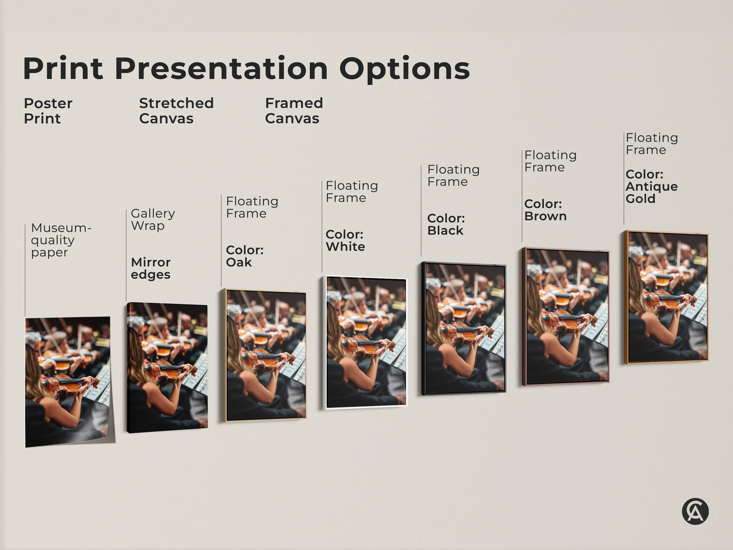 Explore print presentation options with this visual guide. See the orchestra artwork in poster stretched and framed canvas styles. Options include floating frames in oak white black brown and antique gold. Each offers a unique aesthetic to suit any decor. Find the perfect style for your musical art.