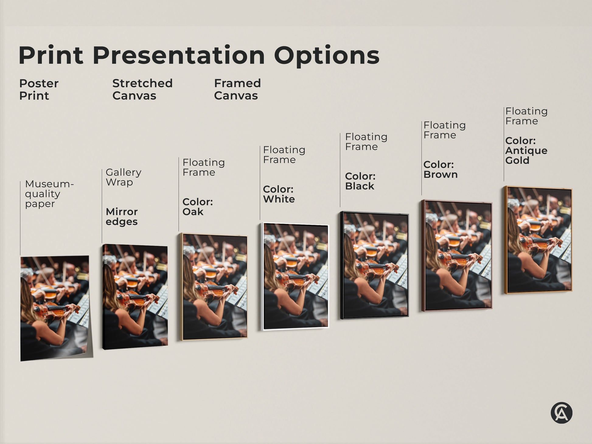 Explore print presentation options with this visual guide. See the orchestra artwork in poster stretched and framed canvas styles. Options include floating frames in oak white black brown and antique gold. Each offers a unique aesthetic to suit any decor. Find the perfect style for your musical art.