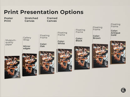 Explore print presentation options with this visual guide. See the orchestra artwork in poster stretched and framed canvas styles. Options include floating frames in oak white black brown and antique gold. Each offers a unique aesthetic to suit any decor. Find the perfect style for your musical art.