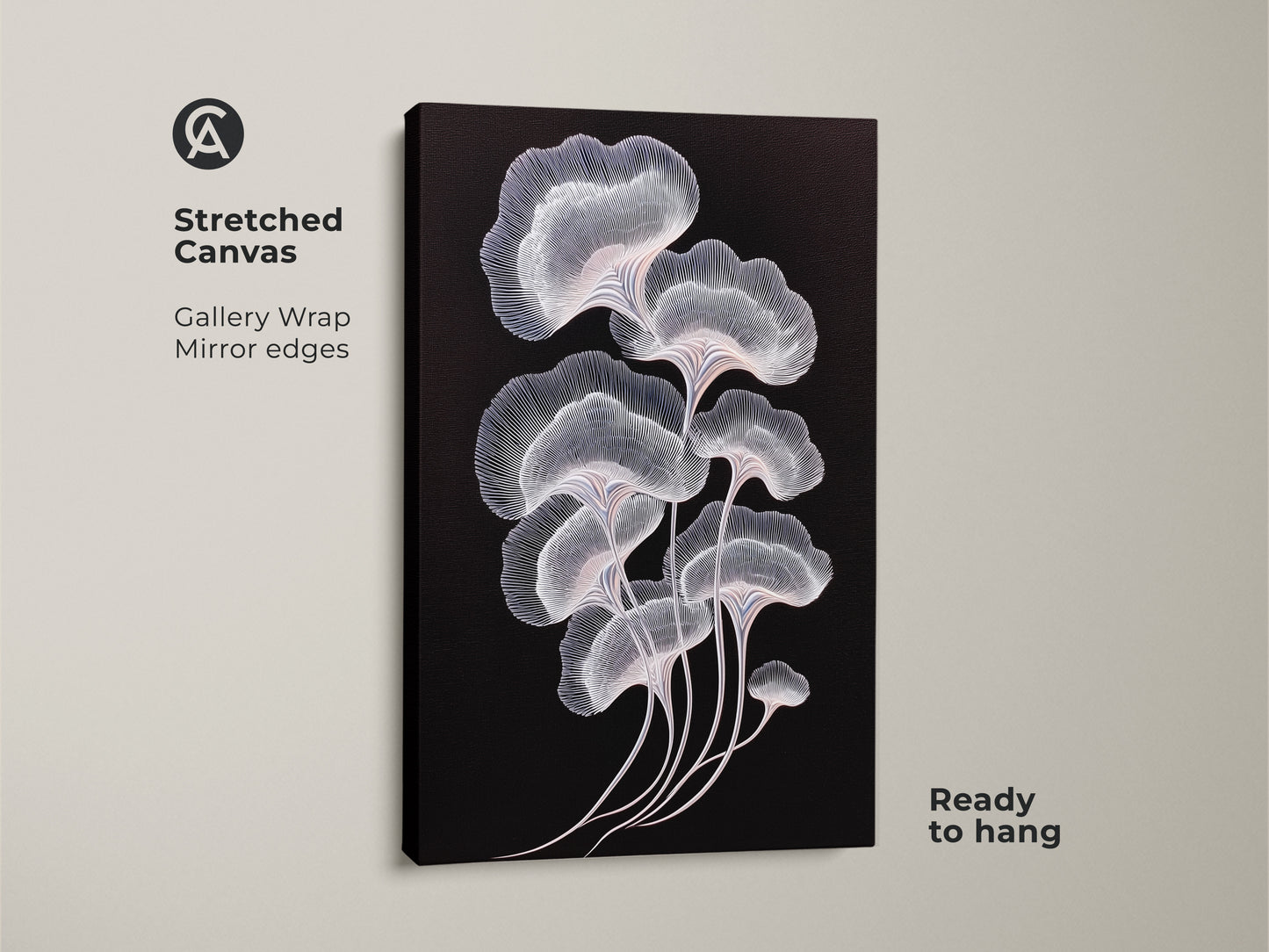 Abstract botanical art on a stretched canvas. The ginkgo leaf design features delicate white and pink lines against a black backdrop. Gallery wrapped with mirrored edges. The contemporary plant art is ready to hang. Ideal for minimalist home decor.