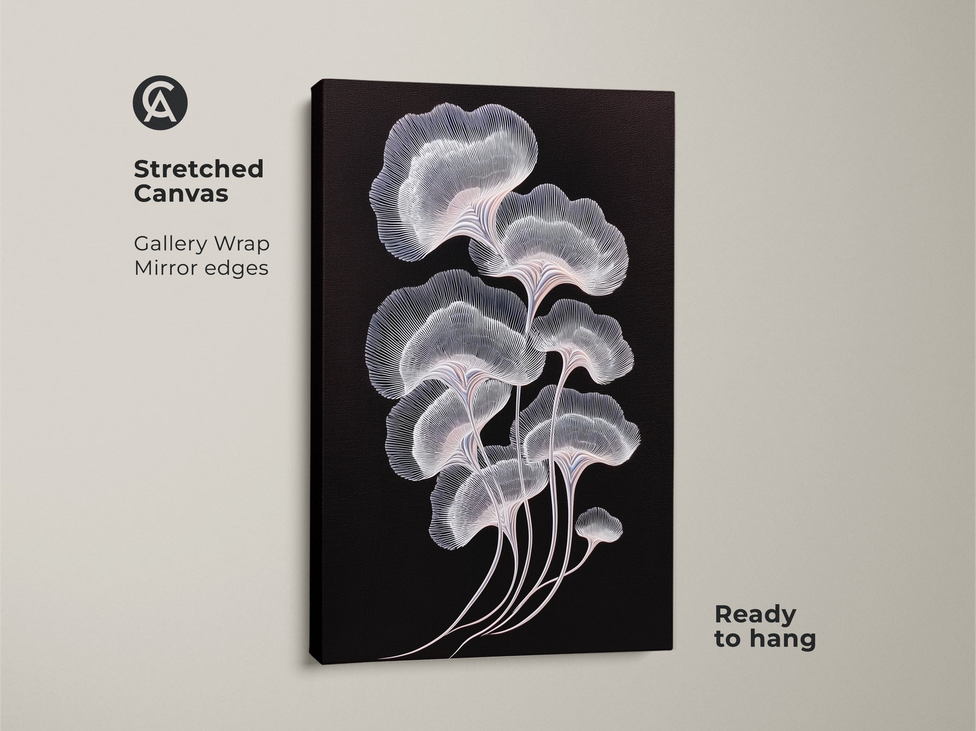 Abstract botanical art on a stretched canvas. The ginkgo leaf design features delicate white and pink lines against a black backdrop. Gallery wrapped with mirrored edges. The contemporary plant art is ready to hang. Ideal for minimalist home decor.