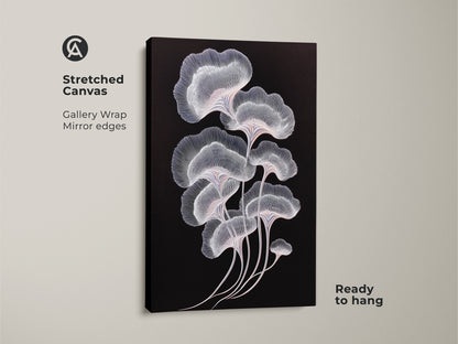 Abstract botanical art on a stretched canvas. The ginkgo leaf design features delicate white and pink lines against a black backdrop. Gallery wrapped with mirrored edges. The contemporary plant art is ready to hang. Ideal for minimalist home decor.