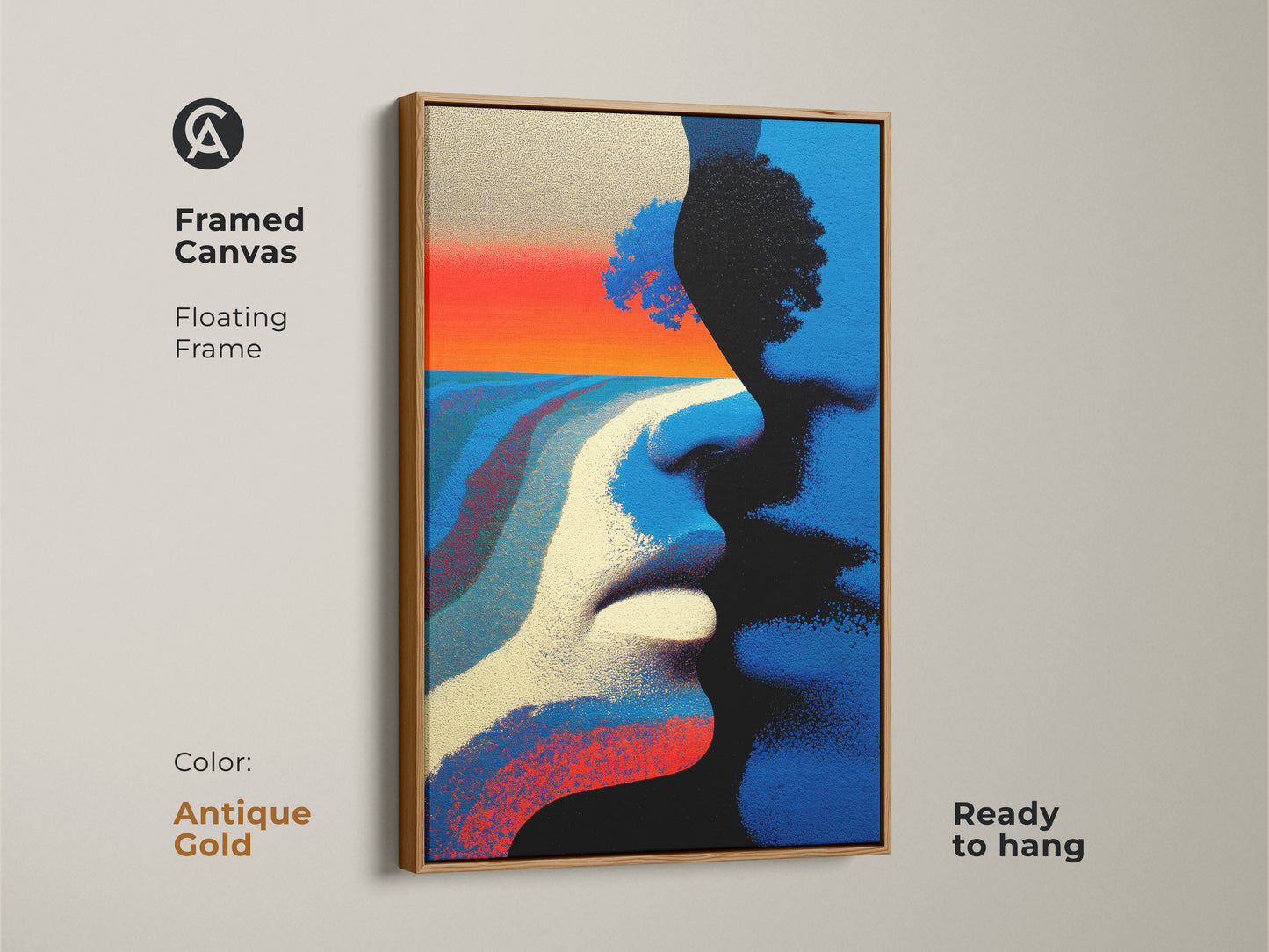 Framed canvas showcasing a blue red orange couple faces artwork. The artwork features a tree landscape. It is set in a white floating frame. It is a modern abstract expressionism statement piece.