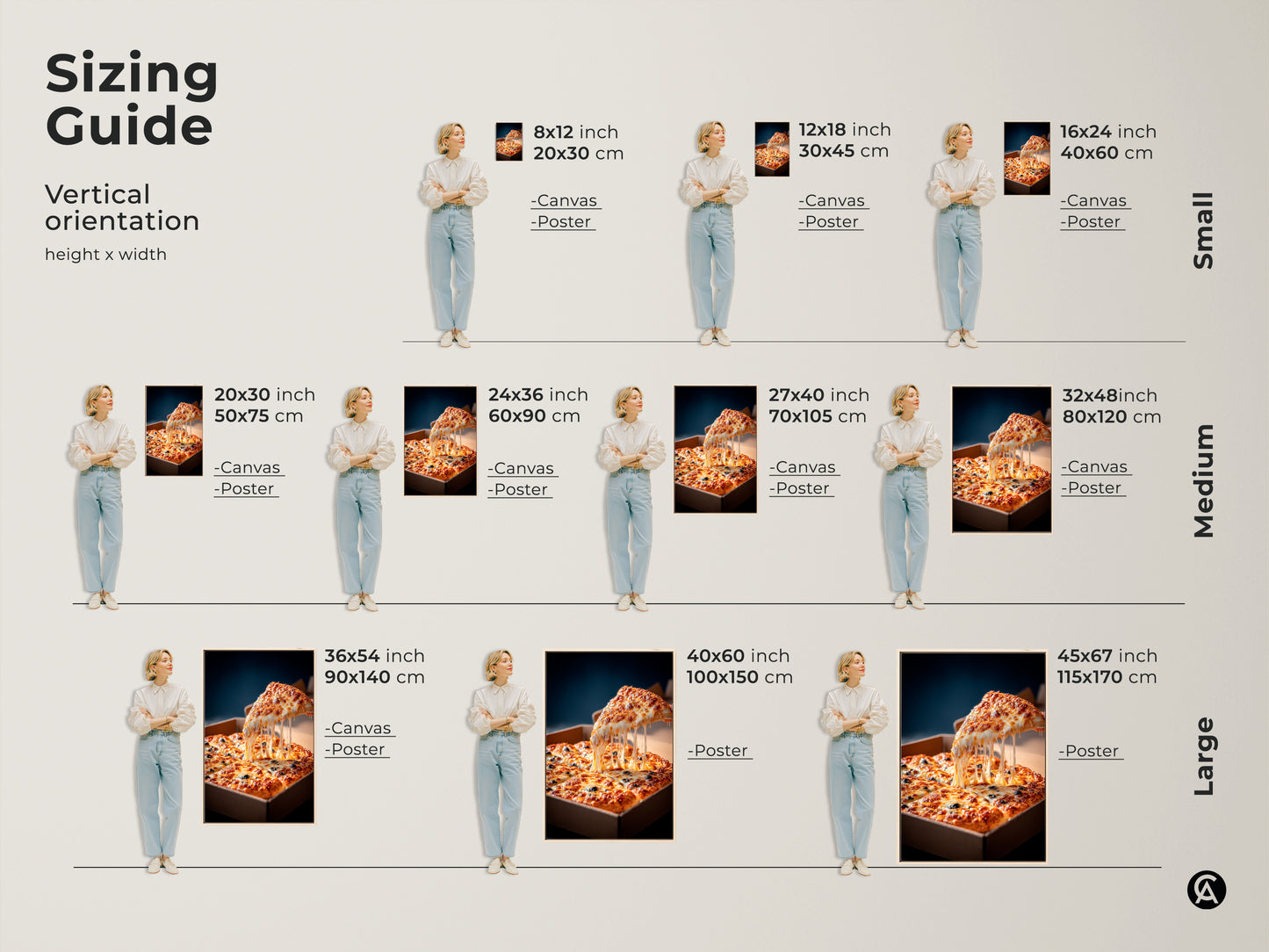 Sizing guide for vertical pizza artwork. Available in small medium and large sizes. Choose from canvas or poster prints. Sizes range from 8x12 inches to 45x67 inches. Find the perfect size for your space.