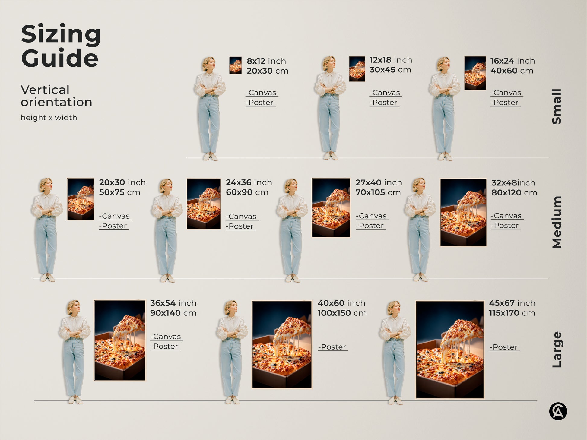 Sizing guide for vertical pizza artwork. Available in small medium and large sizes. Choose from canvas or poster prints. Sizes range from 8x12 inches to 45x67 inches. Find the perfect size for your space.