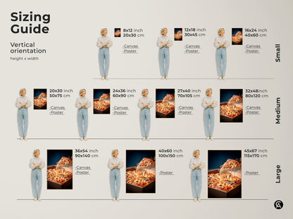 Sizing guide for vertical pizza artwork. Available in small medium and large sizes. Choose from canvas or poster prints. Sizes range from 8x12 inches to 45x67 inches. Find the perfect size for your space.