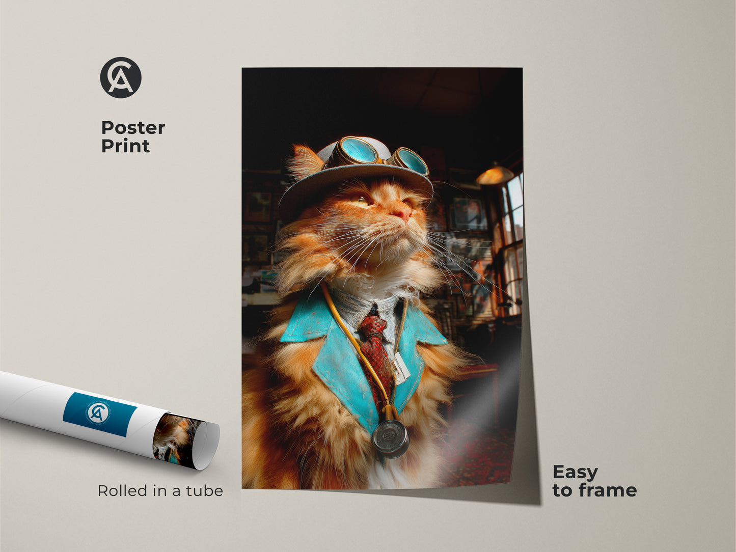 Poster print featuring a steampunk doctor cat. The poster ships rolled in a tube. This unique artwork is easy to frame. The art is ideal for cat lovers. This adds a touch of fantasy.