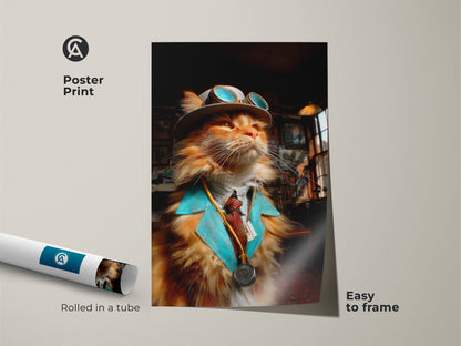 Poster print featuring a steampunk doctor cat. The poster ships rolled in a tube. This unique artwork is easy to frame. The art is ideal for cat lovers. This adds a touch of fantasy.