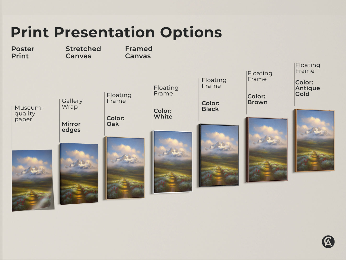 Explore print options for a painterly mountain landscape. Choose from poster prints stretched canvas and framed canvas. Each features a wildflower path and snowy mountain.