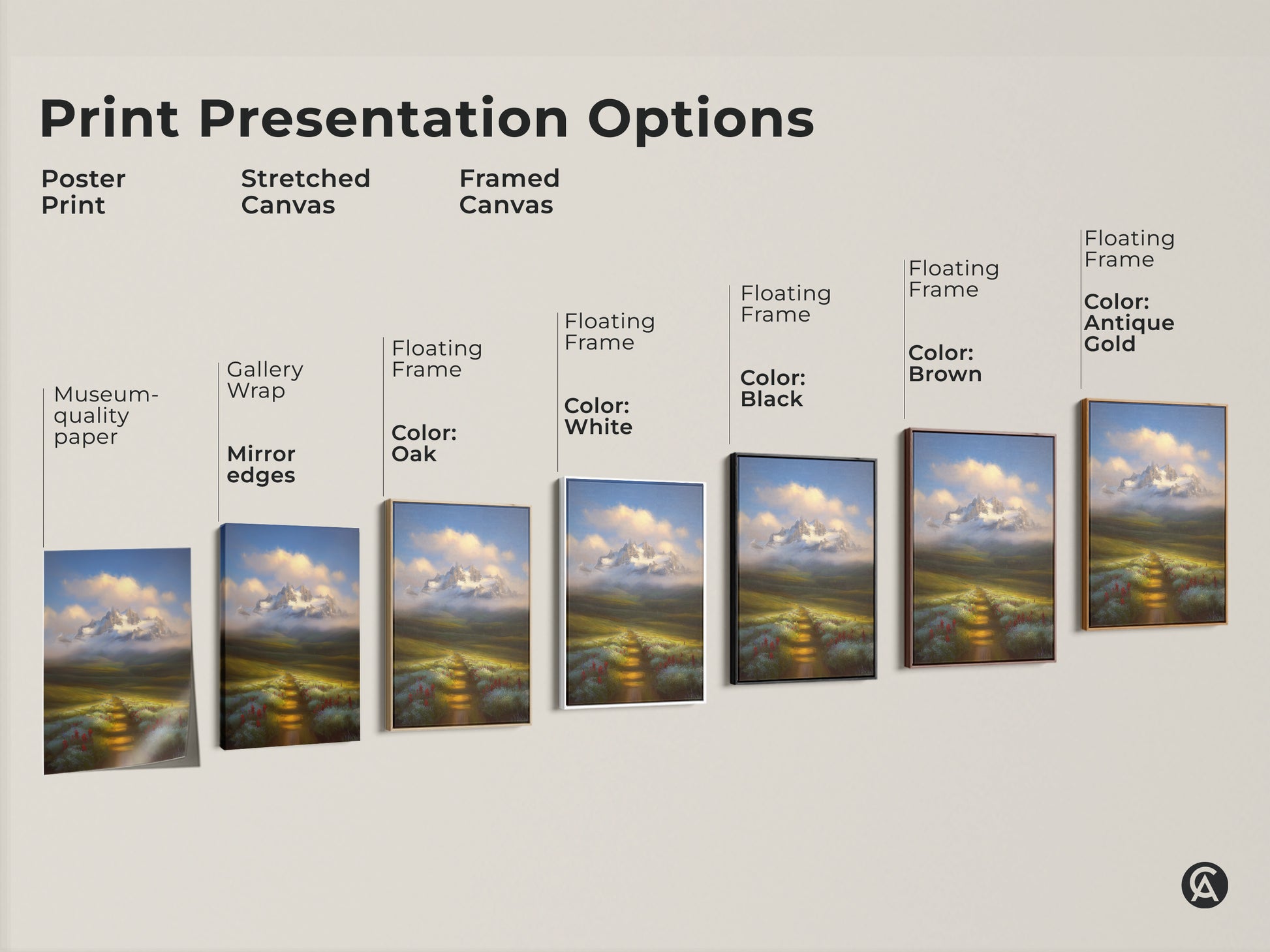 Explore print options for a painterly mountain landscape. Choose from poster prints stretched canvas and framed canvas. Each features a wildflower path and snowy mountain.