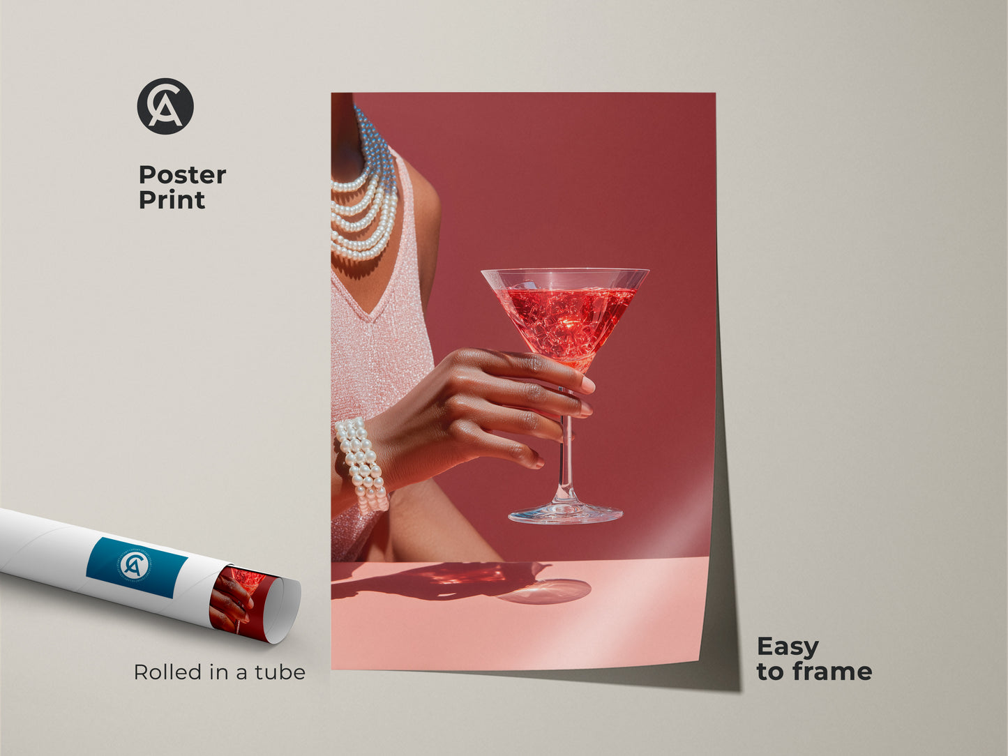 Poster print of pink drink art for a home bar. This glamour bar area wall art features a rose martini cocktail. Rolled in a tube and easy to frame this art deco style cocktail decor is contemporary. 