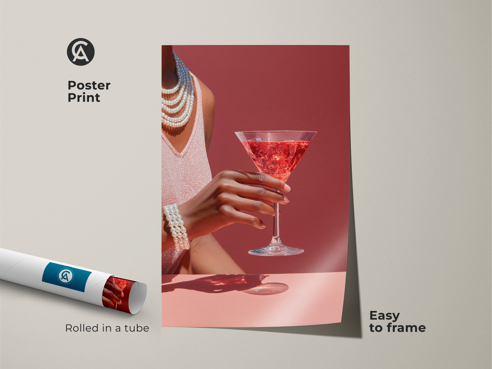 Poster print of pink drink art for a home bar. This glamour bar area wall art features a rose martini cocktail. Rolled in a tube and easy to frame this art deco style cocktail decor is contemporary. 