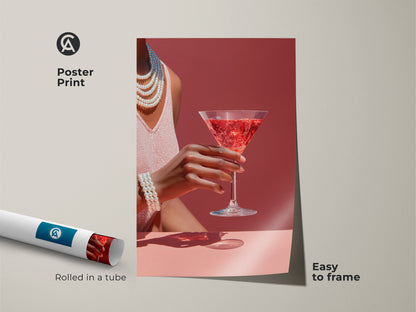Poster print of pink drink art for a home bar. This glamour bar area wall art features a rose martini cocktail. Rolled in a tube and easy to frame this art deco style cocktail decor is contemporary. 