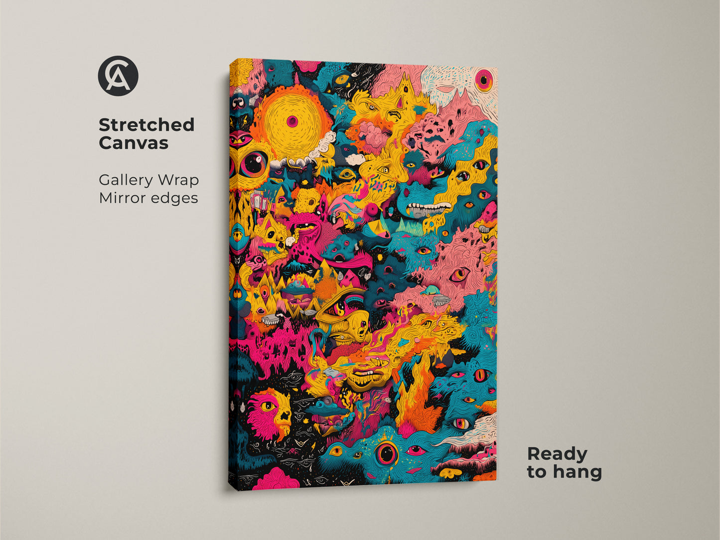 Stretched canvas artwork with vibrant abstract eye designs. Gallery wrapped with mirrored edges. This unique artwork is ready to hang. Ideal for adding a pop of color to your home decor. Transform your space with this eye-catching canvas art.