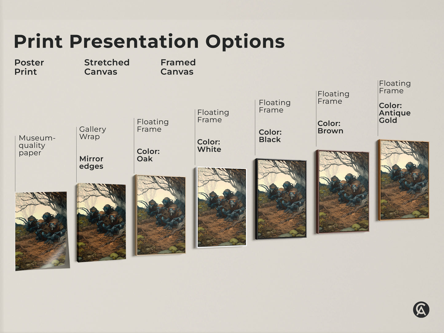 Print presentation options for goblin and forest artwork. Choose from poster prints to stretched canvases to framed canvases. Available with mirror edges and various frame colors. Perfect wall decor for any space.