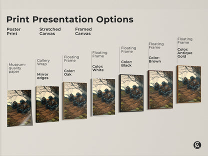Print presentation options for goblin and forest artwork. Choose from poster prints to stretched canvases to framed canvases. Available with mirror edges and various frame colors. Perfect wall decor for any space.