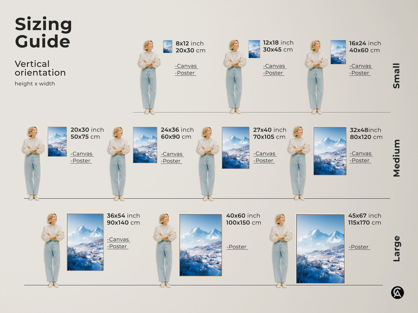 Sizing guide for vertical winter mountain landscape art. Available as canvas or poster in sizes from small to large. Visualize the artwork's height and width using our size comparison guide.