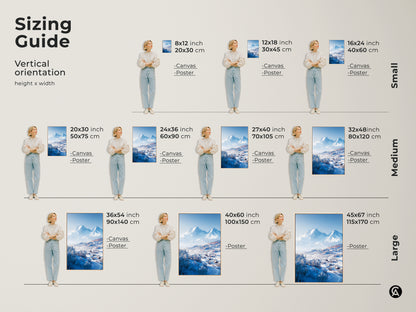 Sizing guide for vertical winter mountain landscape art. Available as canvas or poster in sizes from small to large. Visualize the artwork's height and width using our size comparison guide.