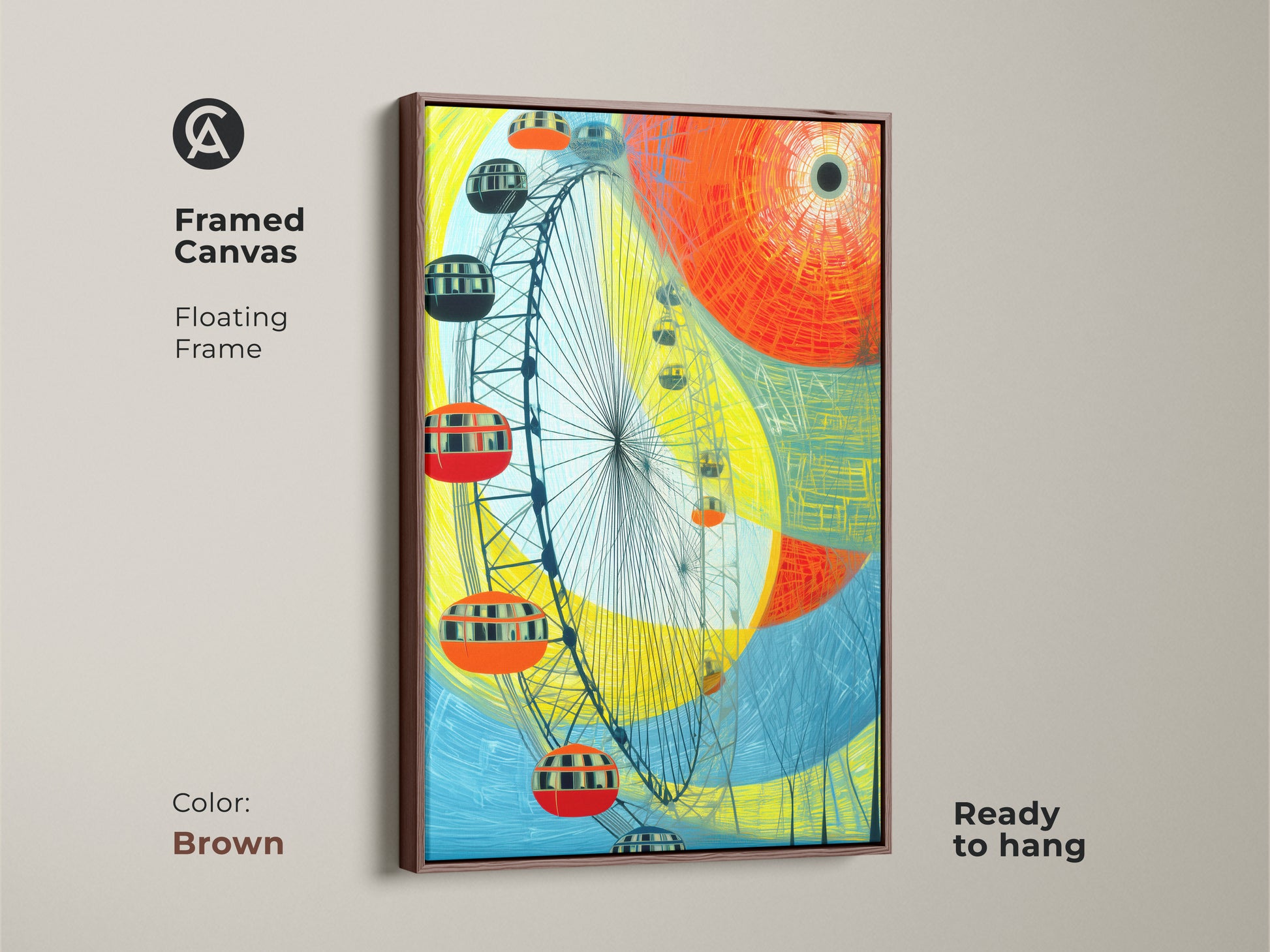 A framed canvas with a brown floating frame featuring an abstract Ferris wheel artwork ready to hang. The modern cityscape is rendered in yellow orange and blue hues offering a travel inspired aesthetic. It serves as a unique contemporary piece ideal as a housewarming gift for lovers of abstract art.